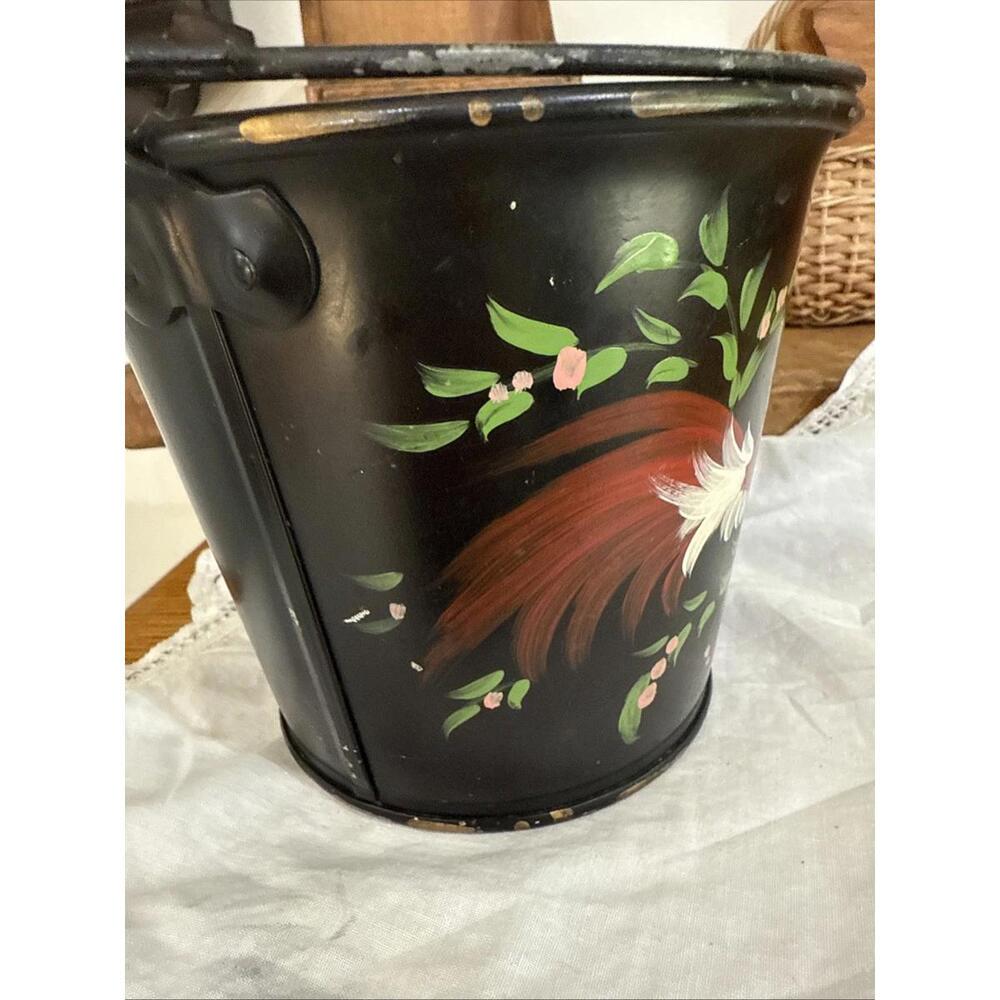 VTG Hand Painted Tole Pail Bucket Bird Folk Art Shabby Country Farm Primitive - Picture 4 of 9